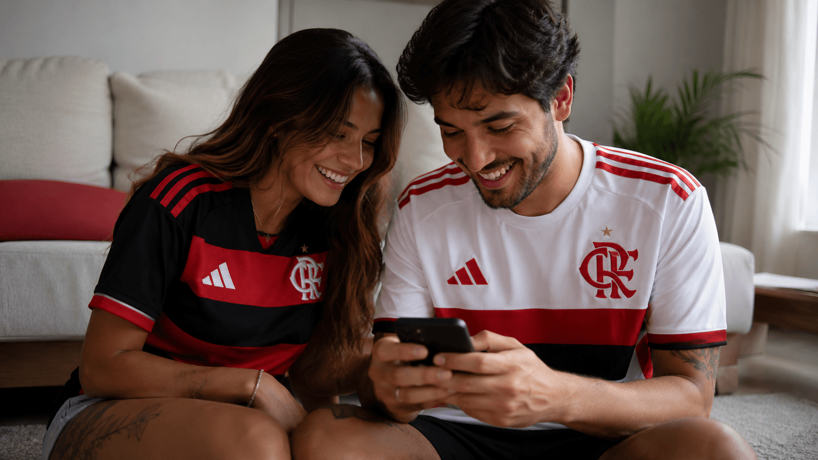 Casal sorrindo, olhando para um celular, vestindo camisas do Flamengo
