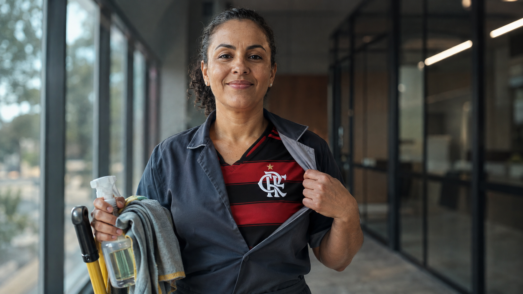 Colaboradora de limpeza sorrindo, abrindo o uniforme para mostrar a camisa do Flamengo por baixo