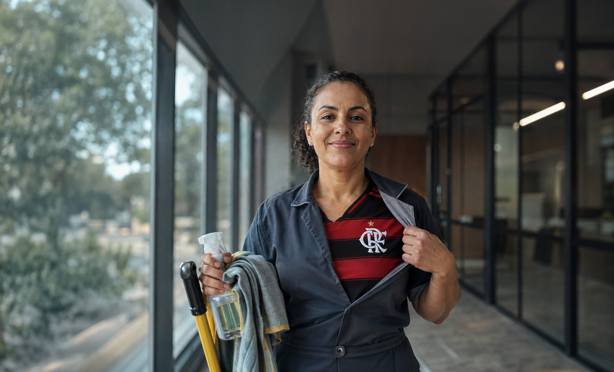 Colaboradora de limpeza sorrindo, abrindo o uniforme para mostrar a camisa do Flamengo por baixo